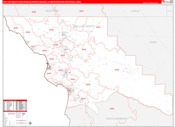 San Luis Obispo-Paso Robles-Arroyo Grande Metro Area Wall Map Red Line Style